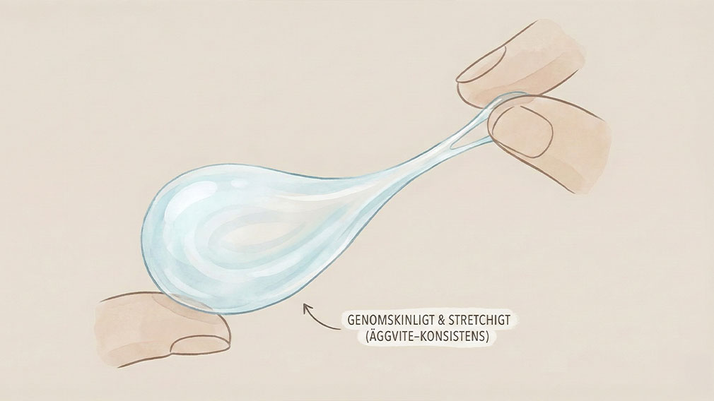 Pedagogisk illustration av genomskinligt och stretchigt sekret mellan fingrar, som symboliserar äggvite-konsistens vid ägglossning.