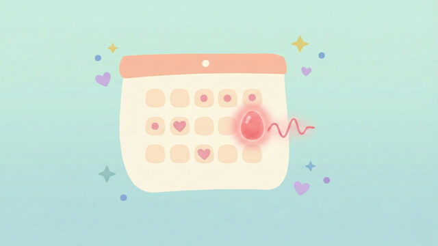 Illustration av kalender med markerad ägglossningsdag och hjärtsymboler som visar fertila perioder.