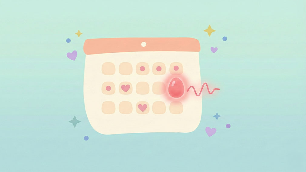Illustration av kalender med markerad ägglossningsdag och hjärtsymboler som visar fertila perioder.