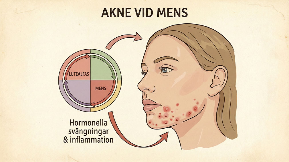 Illustration som visar hur hormonella svängningar under menscykeln kan orsaka akne och finnar i ansiktet.