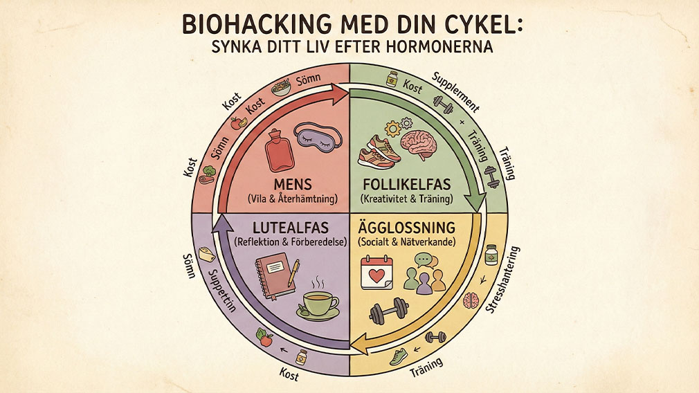 Infografik som visar menscykelns fyra faser – mens, follikelfas, ägglossning och lutealfas – med tips om kost, träning, sömn och återhämtning.