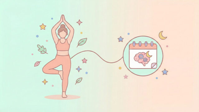Illustration av kvinna i yogaposition kopplad till kalender och hjärnsymbol som representerar biohacking av menstruation och hormoner.