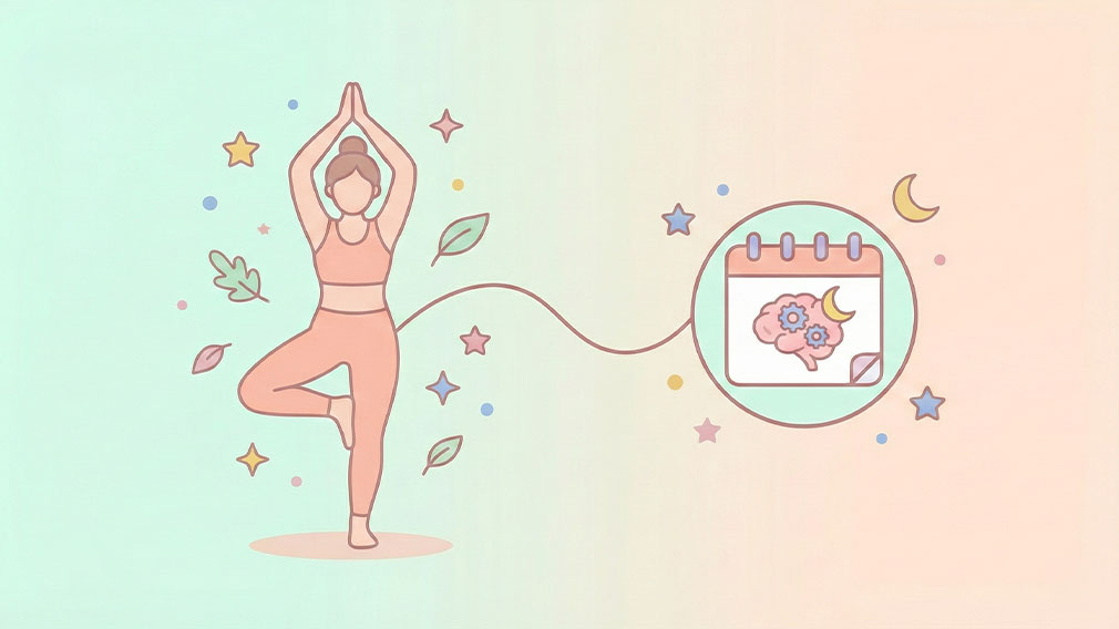 Illustration av kvinna i yogaposition kopplad till kalender och hjärnsymbol som representerar biohacking av menstruation och hormoner.