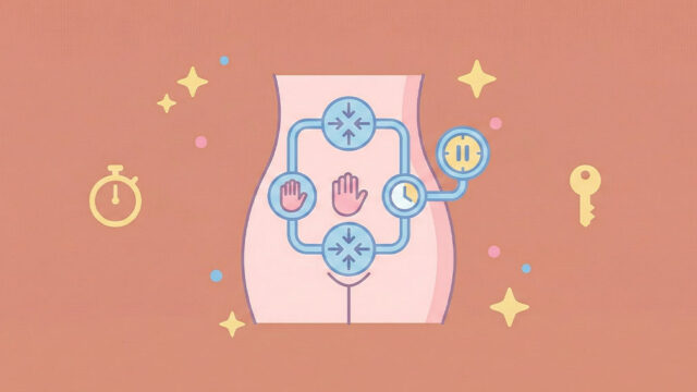 En pedagogisk illustration av en manskropp med symboler för tidtagning, kontroll och cirkulära pilar som representerar tekniker för att fördröja utlösning.