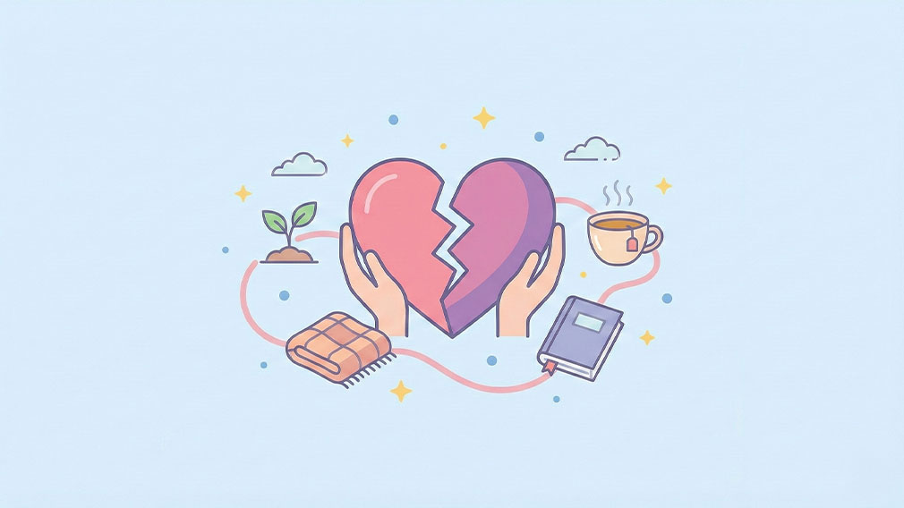 En illustration av två händer som håller ett brustet hjärta, omgivet av symboler för självomsorg som en kopp te, en bok och en varm filt.