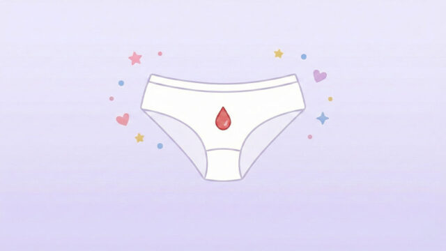 Illustration av underkläder med en liten bloddroppe som symboliserar första menstruationen i en lugn och positiv miljö.