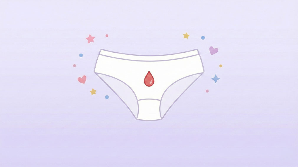 Illustration av underkläder med en liten bloddroppe som symboliserar första menstruationen i en lugn och positiv miljö.