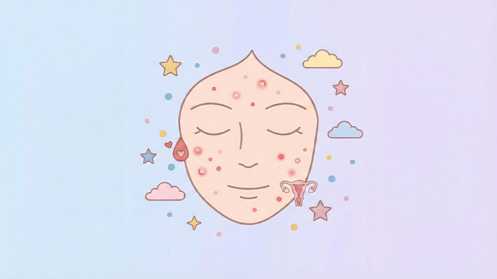 Illustration av ett ansikte med hormonell akne kopplat till menscykeln och hormonförändringar.