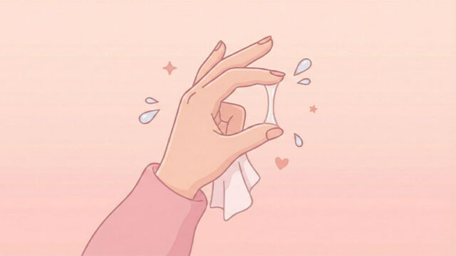 Illustration av hand som sträcker genomskinligt sekret mellan fingrarna, ett tecken på ägglossning och hög fertilitet.