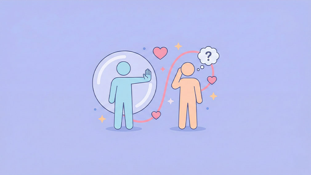 Illustration av två personer som symboliserar kommunikation av personliga gränser, självkänsla och respekt i relationer.