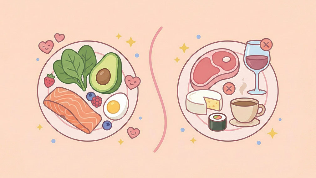 En jämförande illustration av två tallrikar: en med rekommenderad mat som lax, avokado och spenat, och en med livsmedel man bör undvika eller begränsa som gravid, såsom rött kött, charkuterier och koffein.