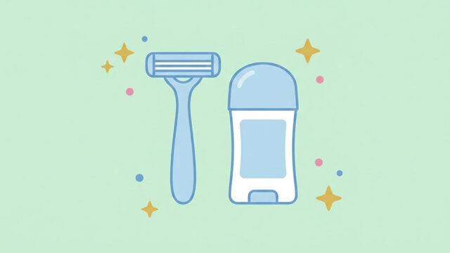 En minimalistisk illustration av produkter för manlig hygien, föreställande en rakhyvel och en deodorant mot en grön bakgrund.