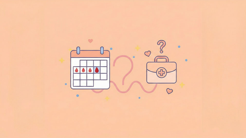 Illustration av en menstruationskalender med bloddroppar och en medicinväska som symboliserar mellanblödningar och behov av vård.