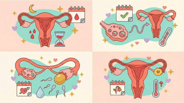 Illustration som visar menscykelns fyra faser: menstruation, follikelfas, ägglossning och lutealfas med symboler för hormonförändringar.
