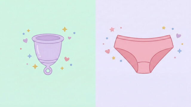 Illustration som jämför menskopp och menstrosor som hållbara mensskydd i mjuka pastellfärger.