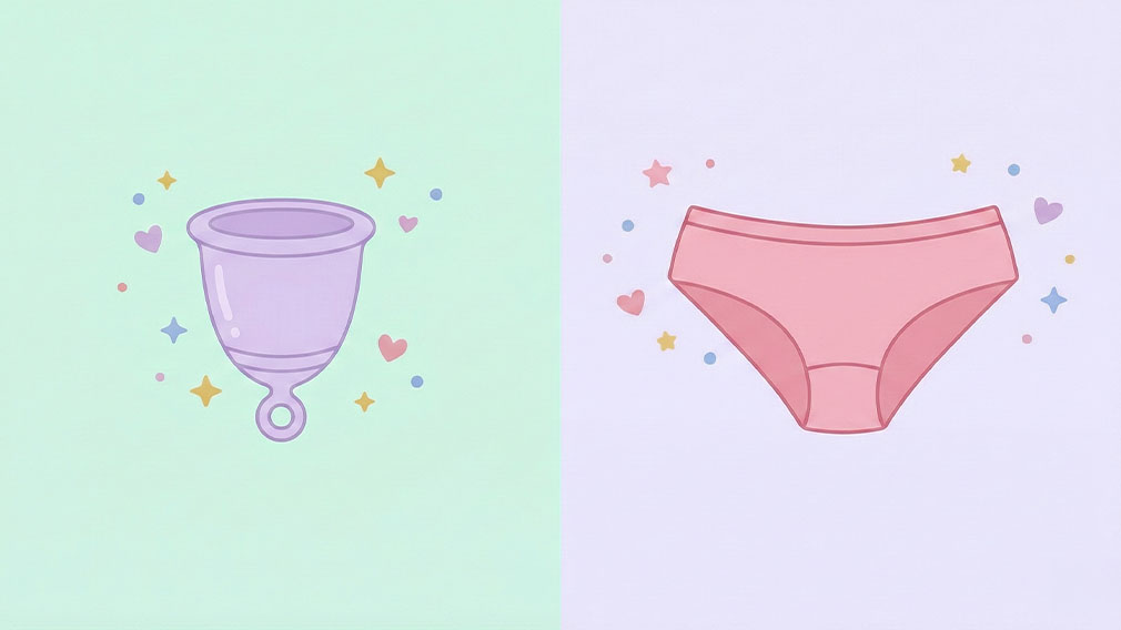 Illustration som jämför menskopp och menstrosor som hållbara mensskydd i mjuka pastellfärger.