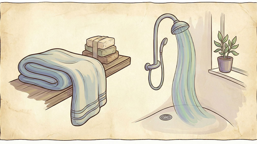 Illustration av ett stilrent badrum med dusch, handduk och tvålar som symboliserar praktiska tips och hygien under mens.