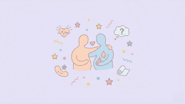 Illustration av två personer i en omfamning med symboler för hjärta, känslor och menstruation som representerar menssex och relationell närhet.