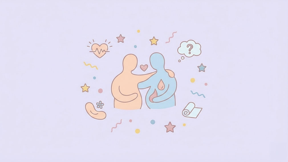 Illustration av två personer i en omfamning med symboler för hjärta, känslor och menstruation som representerar menssex och relationell närhet.