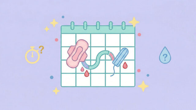 En illustration av en kalender som visar en oregelbunden menstruationscykel, med symboler för mensskydd, blodsdroppar och frågetecken kring tid och flöde.