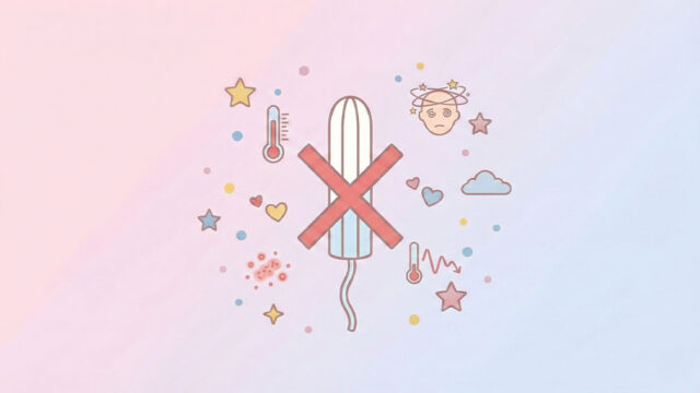 Illustration som visar en överkryssad tampong med symboler för feber, yrsel och infektion som varningssignaler.