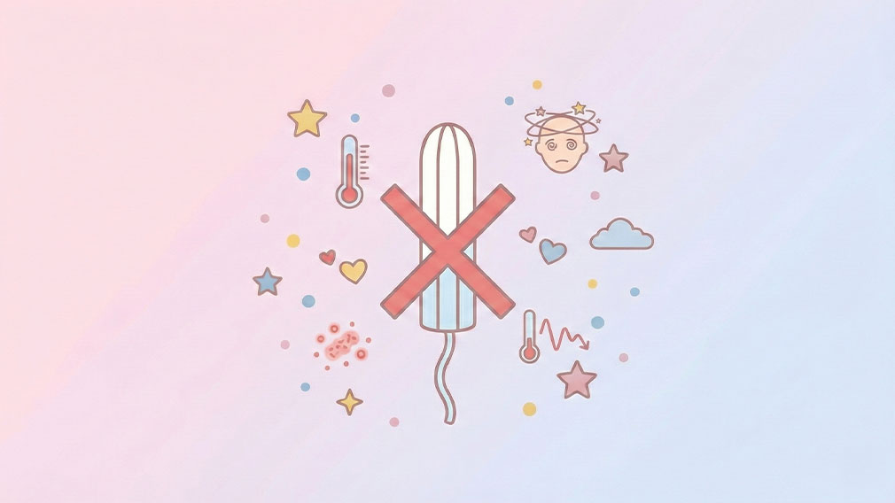 Illustration som visar en överkryssad tampong med symboler för feber, yrsel och infektion som varningssignaler.