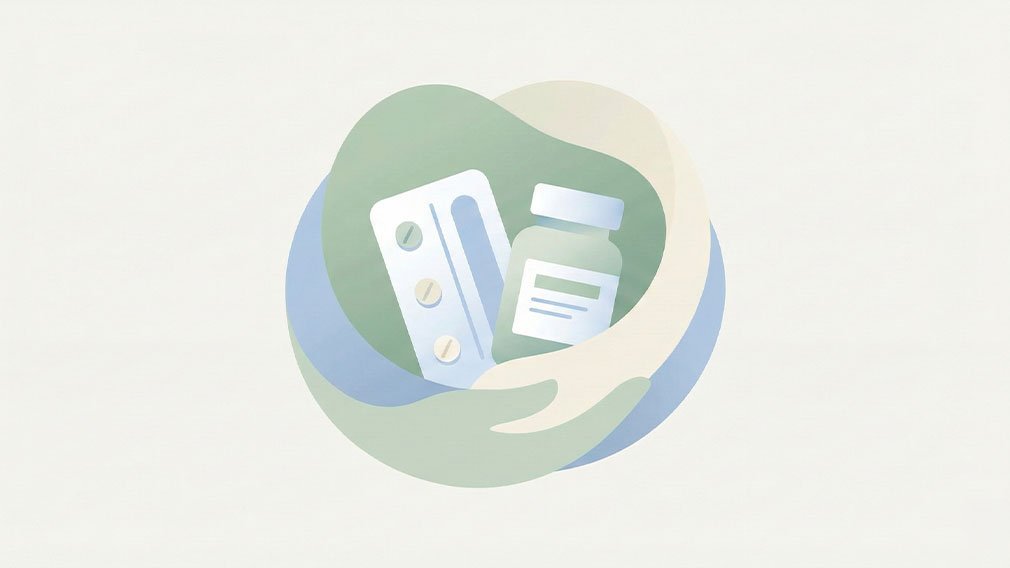 Minimalistisk illustration av händer som skyddar läkemedel i form av tabletter och medicinflaska, som symbol för säker medicinering.