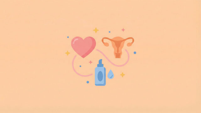 Illustration med livmoder, hjärta och glidmedelsflaska som symboliserar sexlivet under klimakteriet och hantering av vaginal torrhet.