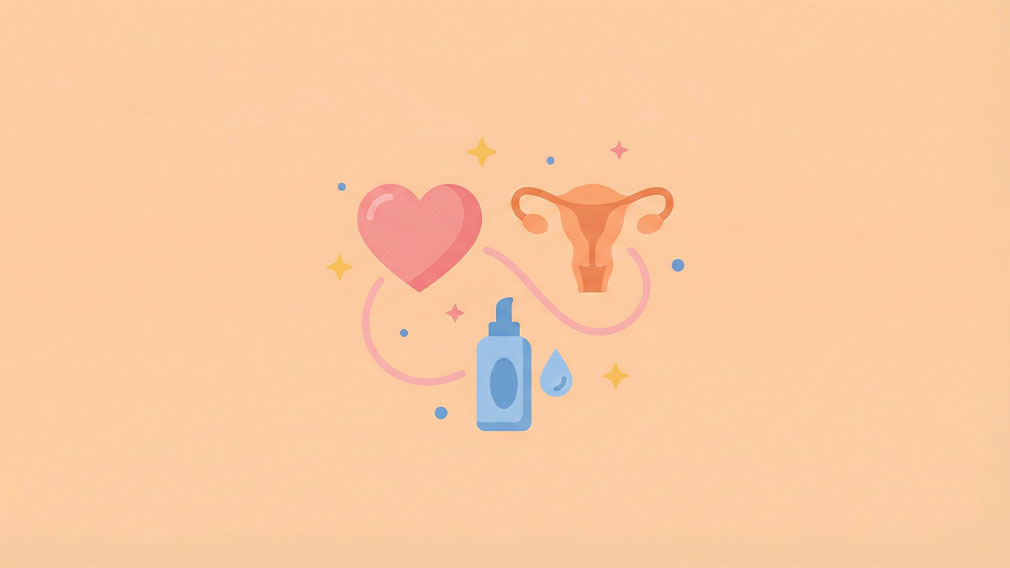 Illustration med livmoder, hjärta och glidmedelsflaska som symboliserar sexlivet under klimakteriet och hantering av vaginal torrhet.