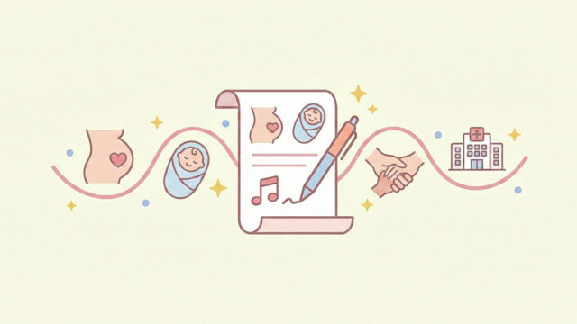 En illustration som visar processen att skriva ett förlossningsbrev, med symboler för graviditet, en bebis, önskemål om musik, samarbete och ett sjukhus.