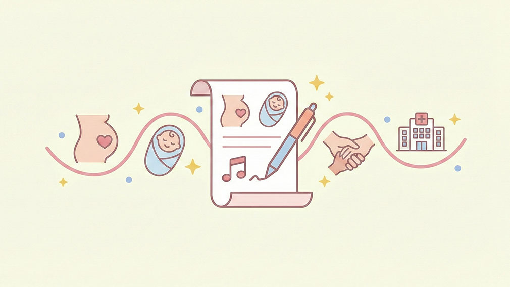 En illustration som visar processen att skriva ett förlossningsbrev, med symboler för graviditet, en bebis, önskemål om musik, samarbete och ett sjukhus.