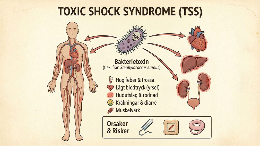 Infografik som förklarar toxic shock syndrome (TSS), dess symtom, orsaker och påverkan på kroppens organ.