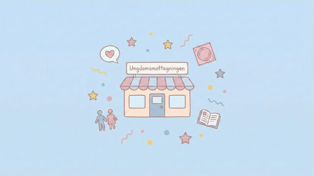 Illustration av en ungdomsmottagning med symboler för kärlek, relationer, preventivmedel och information om sexuell hälsa.