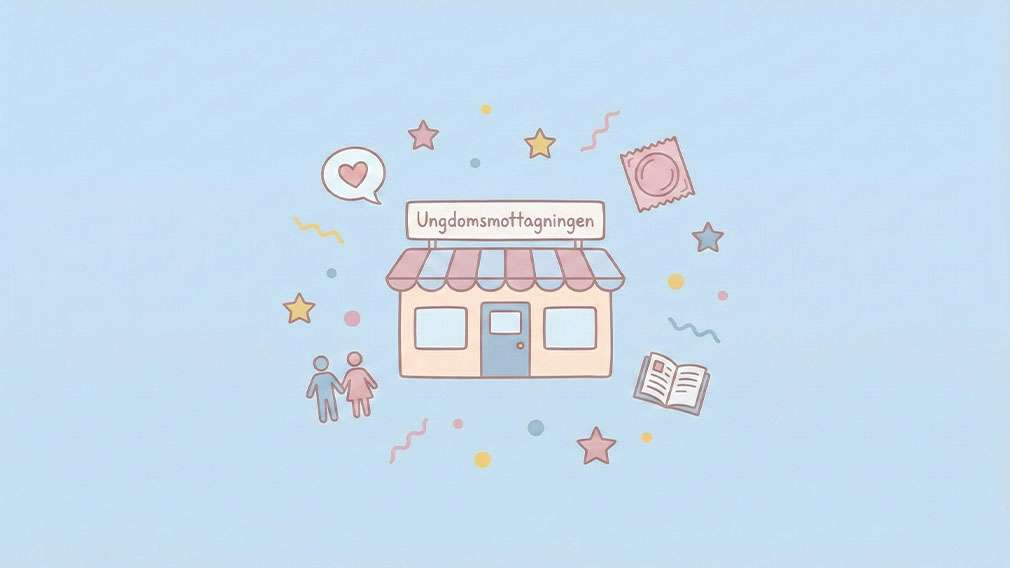 Illustration av en ungdomsmottagning med symboler för kärlek, relationer, preventivmedel och information om sexuell hälsa.