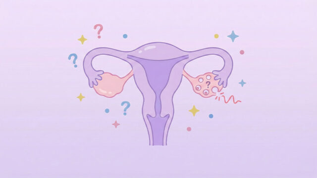 Illustration av livmoder och äggstockar där ena äggstocken visar utebliven ägglossning med frågetecken och smärtsymbol.