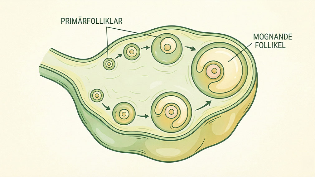 Diagram över äggstocken som visar utvecklingen från primärfolliklar till mogen follikel under menstruationscykeln.