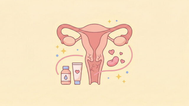 En medicinsk illustration av livmodern och vaginan som visar torra slemhinnor, tillsammans med symboler för behandling som fuktgivande kräm och olja.