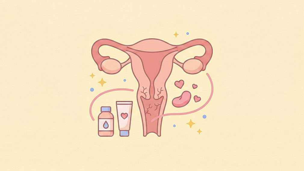 En medicinsk illustration av livmodern och vaginan som visar torra slemhinnor, tillsammans med symboler för behandling som fuktgivande kräm och olja.