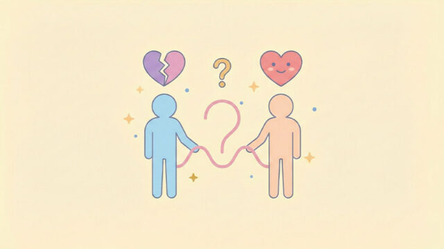 Illustration av två personer med ett frågetecken mellan sig och hjärtan som symboliserar vänskap eller känslor efter ett uppbrott.