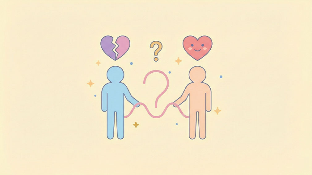 Illustration av två personer med ett frågetecken mellan sig och hjärtan som symboliserar vänskap eller känslor efter ett uppbrott.