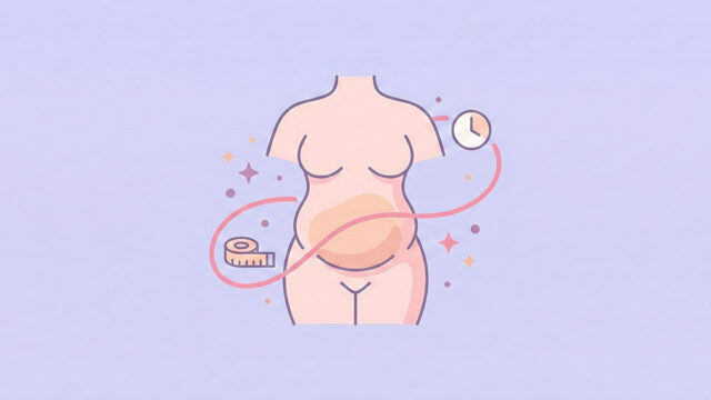 En stiliserad illustration av en kvinnokropp som visar fokus på magen, omgiven av ett måttband och en klocka som symboliserar hormonella förändringar under klimakteriet.