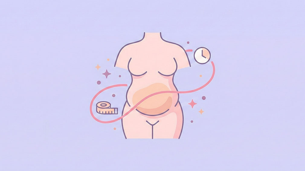 En stiliserad illustration av en kvinnokropp som visar fokus på magen, omgiven av ett måttband och en klocka som symboliserar hormonella förändringar under klimakteriet.