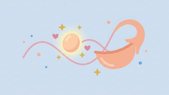 En stiliserad illustration som visar ett ägg som frigörs från äggstocken, omgivet av gnistor och hjärtan för att symbolisera fertilitet och ägglossning.