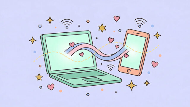 En illustration som visar en digital koppling mellan en bärbar dator och en mobiltelefon genom flytande linjer och hjärtan, vilket symboliserar känslomässiga band online.