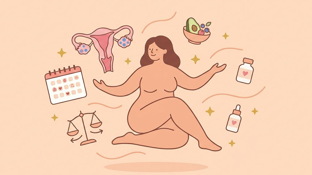 En informativ illustration som visar en kvinna omgiven av symboler för PCOS, såsom äggstockar, en menstruationskalender, hälsosam mat, en våg och medicinflaskor.